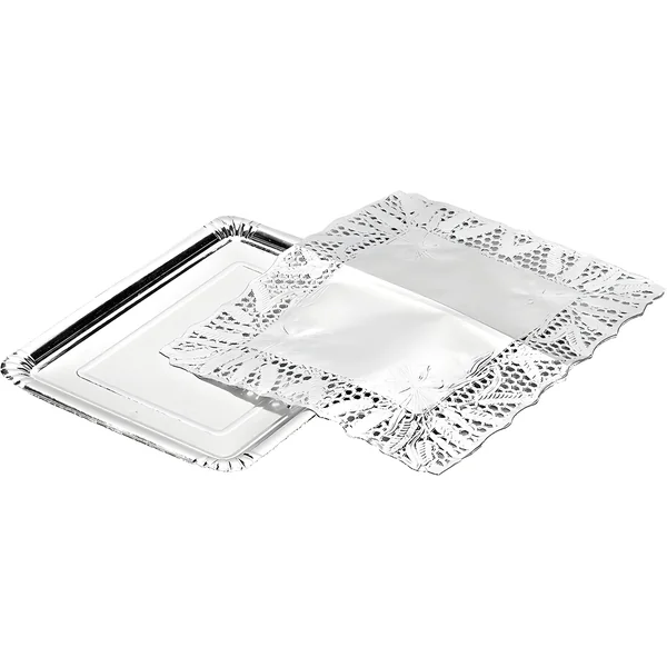 Bandeja de 28 x 22 rectangular de cartón con blonda dorada