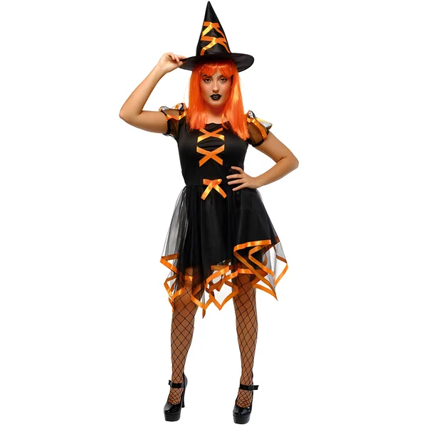 Disfraz de bruja naranja fluorescente adulta