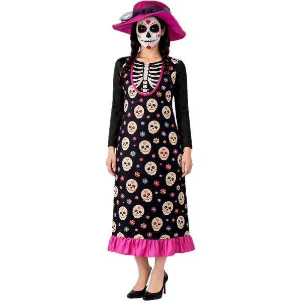 Disfraz de esqueleto Catrina con sombrero para mujer