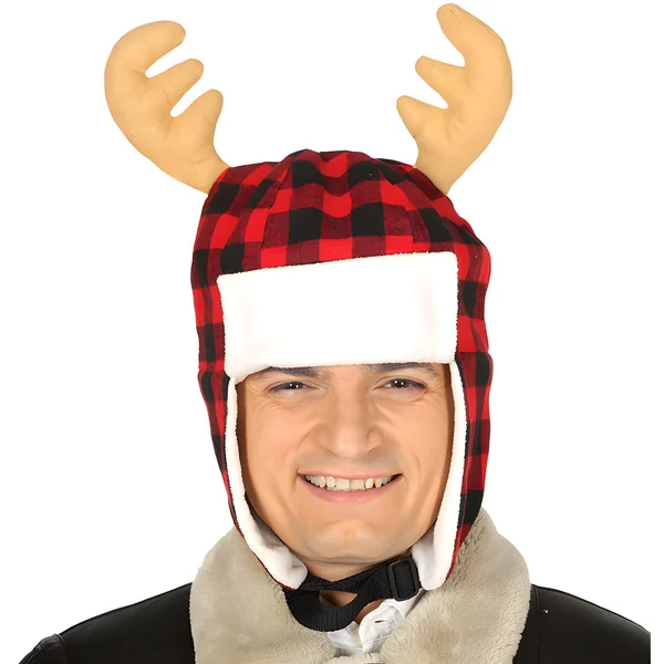 Gorro de cuadros con cuernos de reno