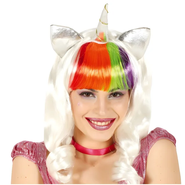 Peluca blanca con cuerno de unicornio