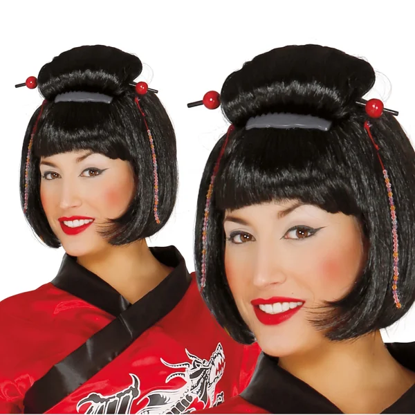 Peluca oriental con palillos - Imagen 2