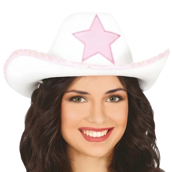Sombrero blanco de vaquero con estrella rosa